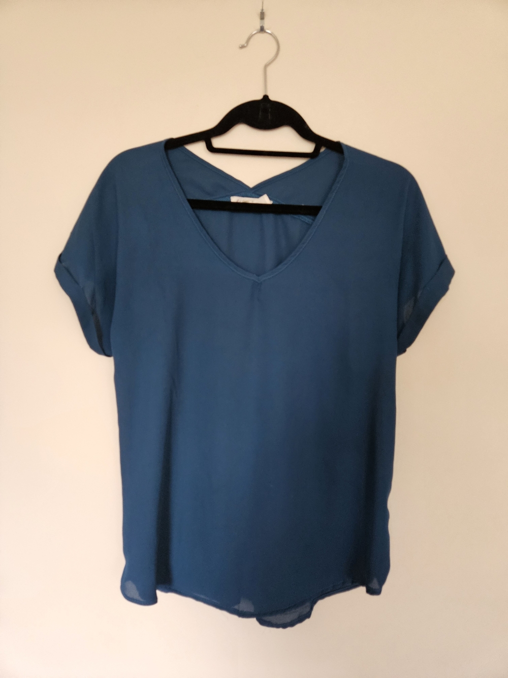Pink Rose Blue V-Neck Short Sleeve Blouse
